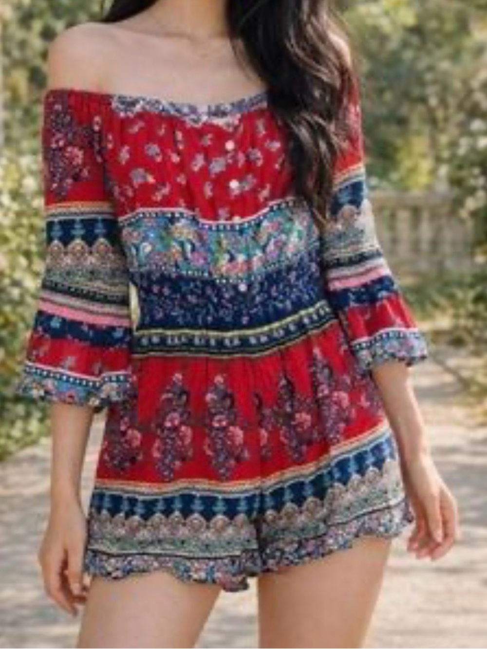Patrons Of Peace Boho Off-Shoulder Red Floral Romper Size M